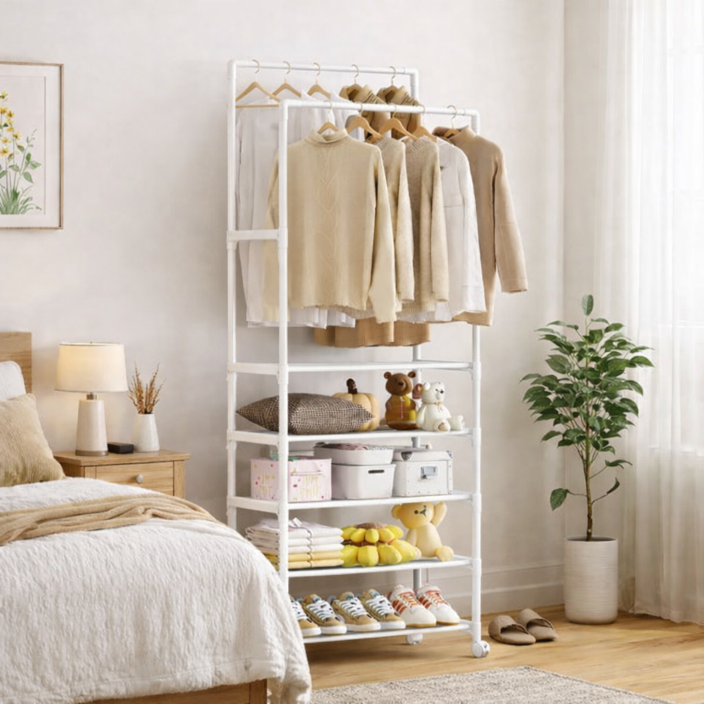 Suport multifunctional haine si incaltaminte cu rafturi si bara umerase 185x56x30 cm