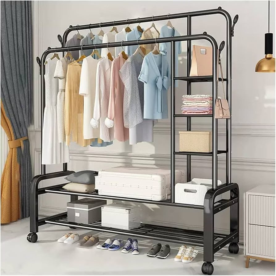 Suport Dublu Umerase Haine Stand Metalic Organizator 162x135cm Negru cu Roti