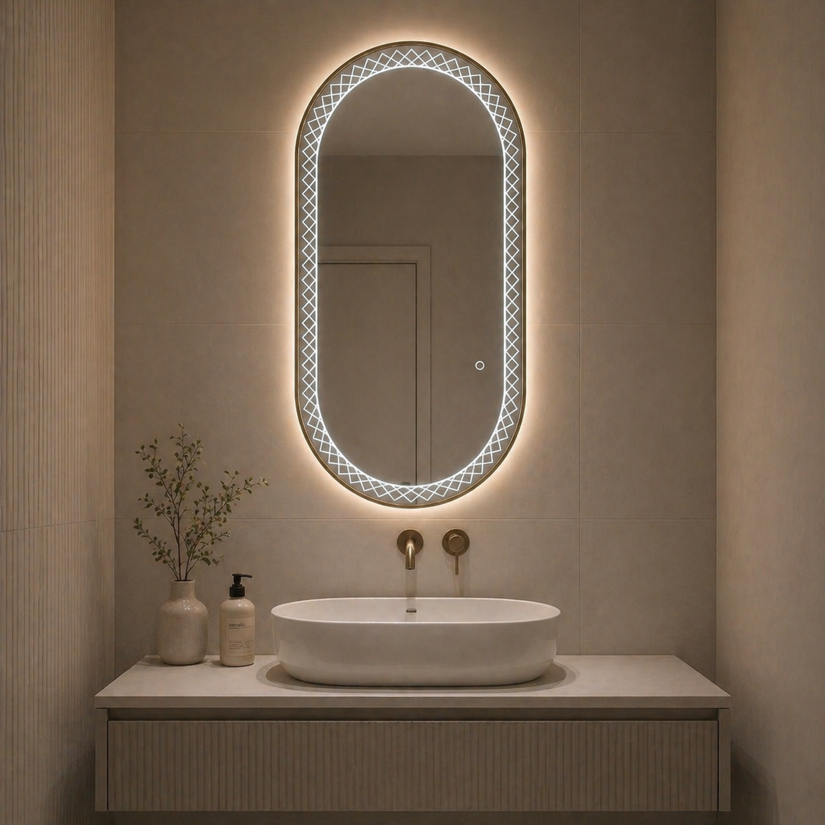 Oglinda LED Premium 120x70 cm Ovala Iluminare Ambientala 3 Culori Touch Design Elegant cu Model Decorativ