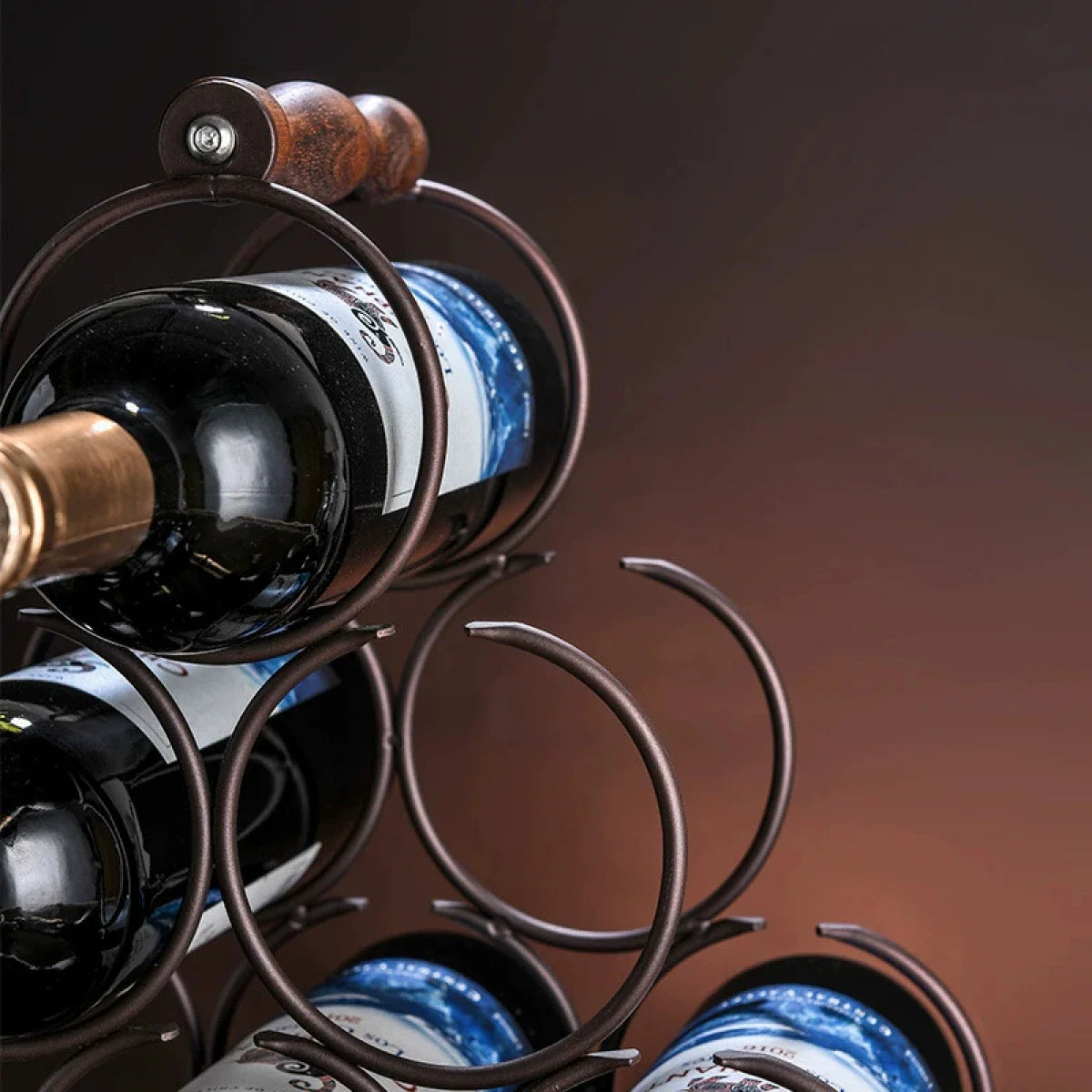 Suport pentru 6 sticle de vin, design modern, lemn natural si otel, 32.5 x 16 x 30 cm