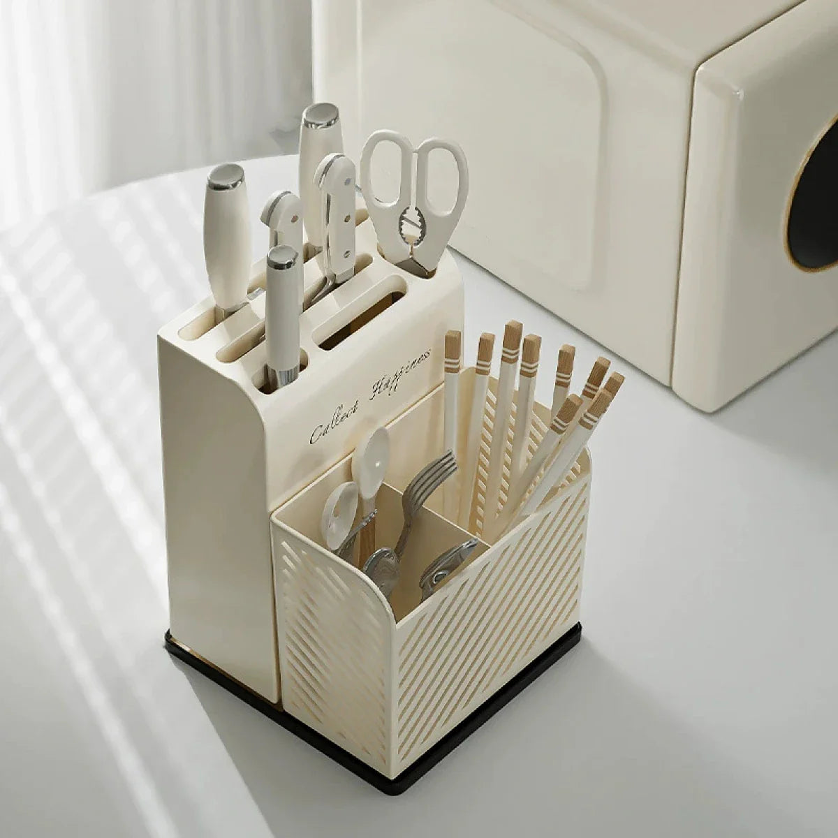 Suport ustensile bucatarie, recipient cutite, 3 compartimente, plastic, 21 x 16 x 15 cm, alb