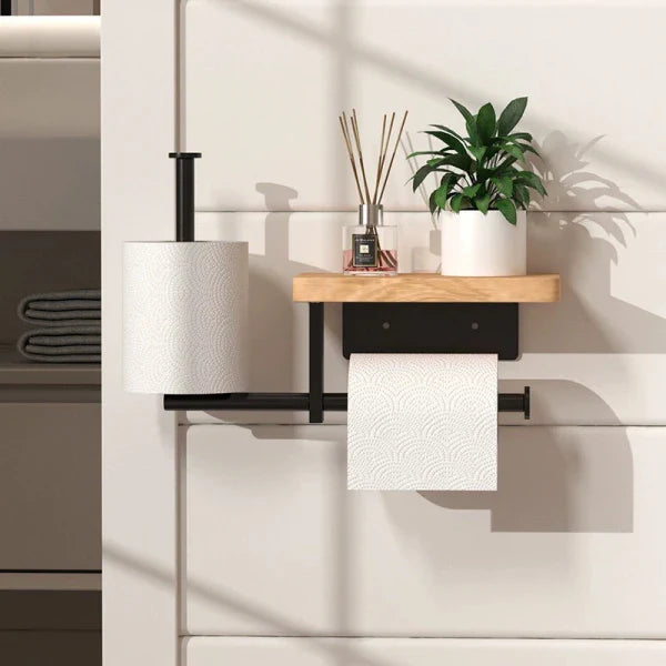 Suport multifunctional pentru hartia igienica din otel si lemn, 2 moduri de montare, negru