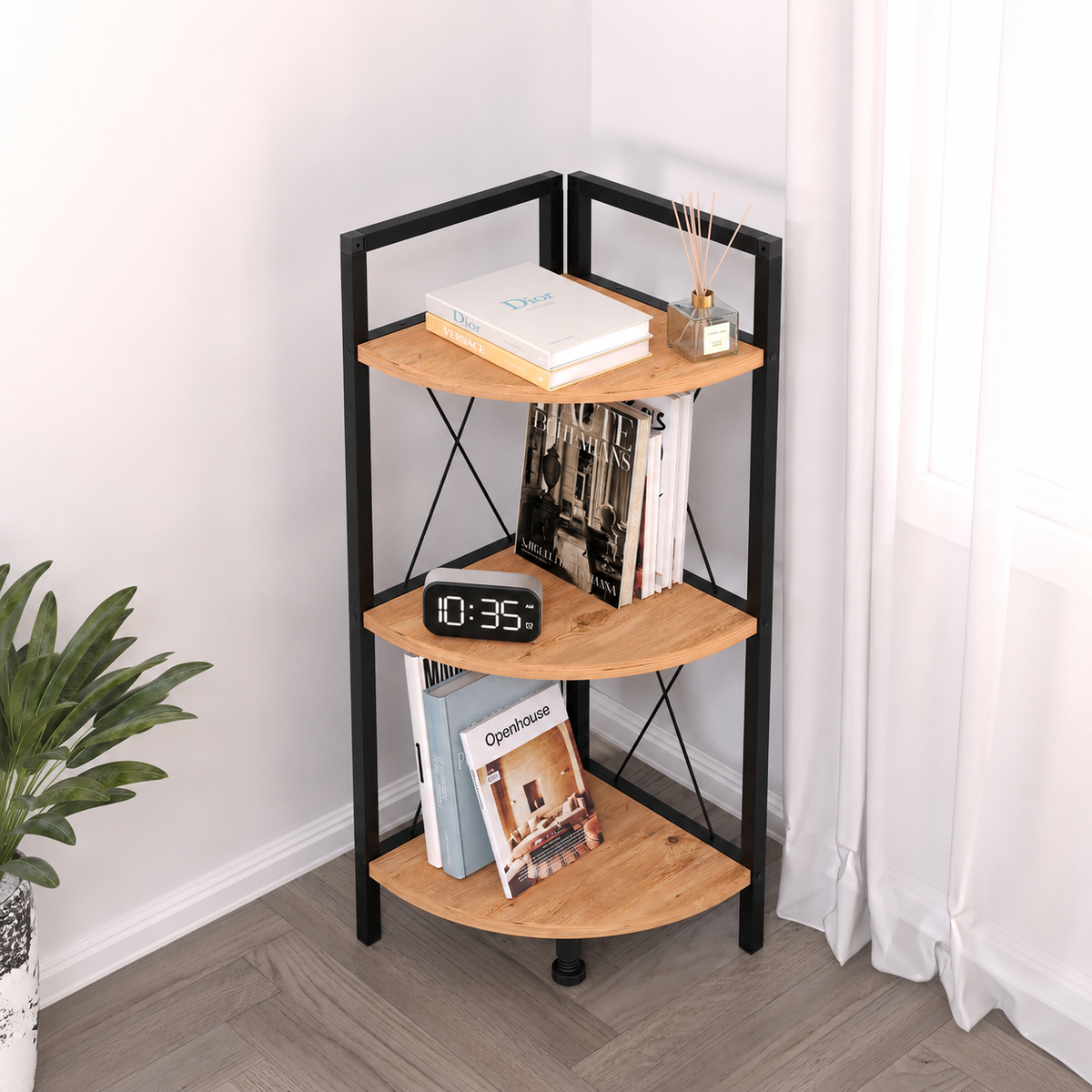 Etajera de colt din PAL si metal 33,5x33,5x87,3 cm, cu 3 rafturi, pentru living, baie sau birou