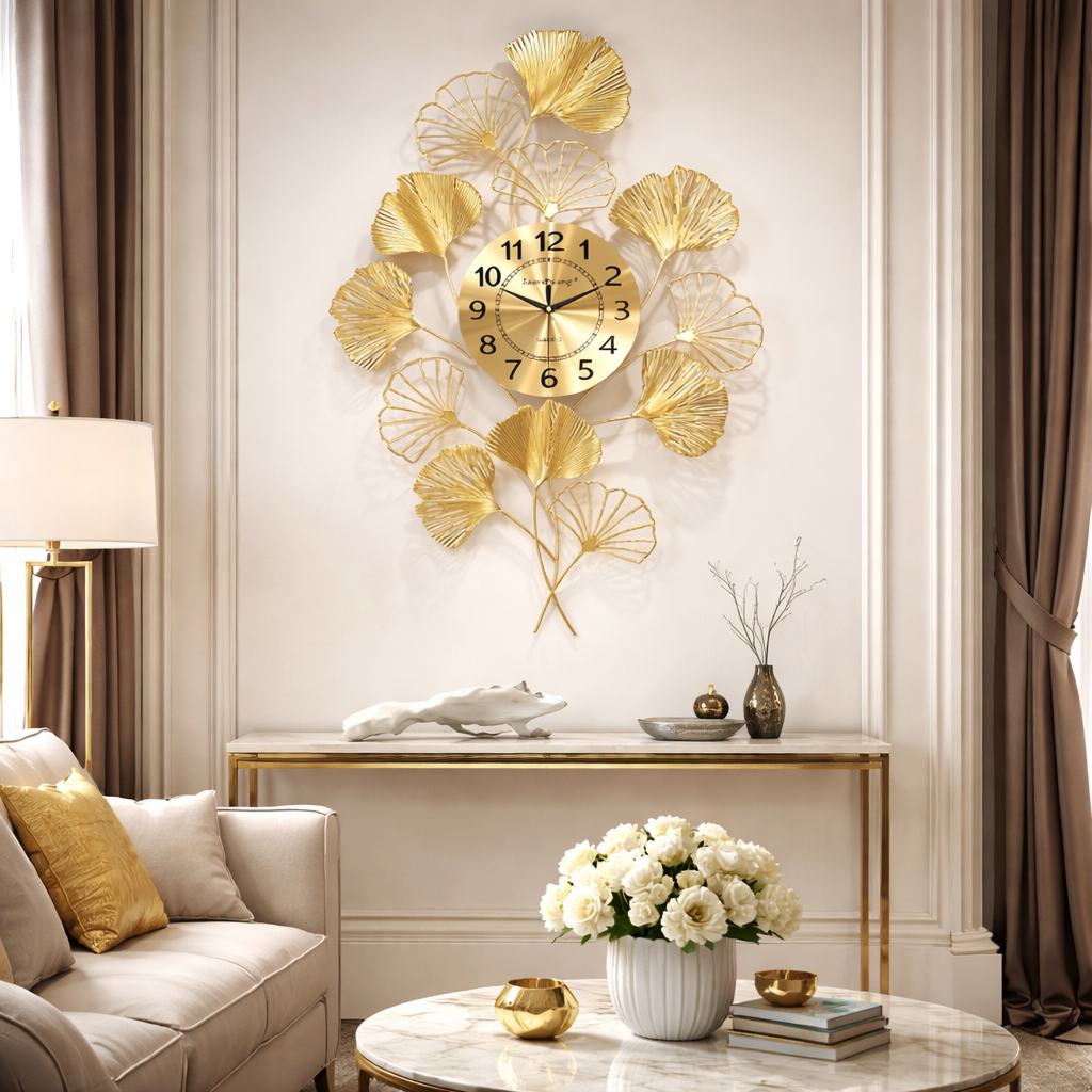Ceas de perete decorativ 76 x 42 cm – design artistic cu frunze metalice, decor lux pentru living