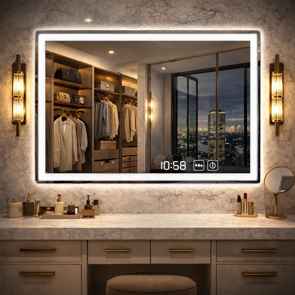Oglinda LED 90 x 70 cm cu Afisaj Digital si Dezaburire – Design Modern pentru Baie