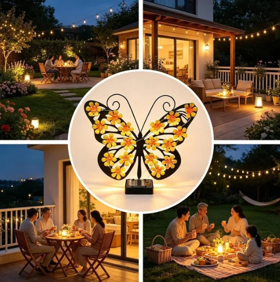 Set 2 Fluturi Solari Decorativi cu Lumini LED Roz Galben pentru Perete Gard - detaliu produs