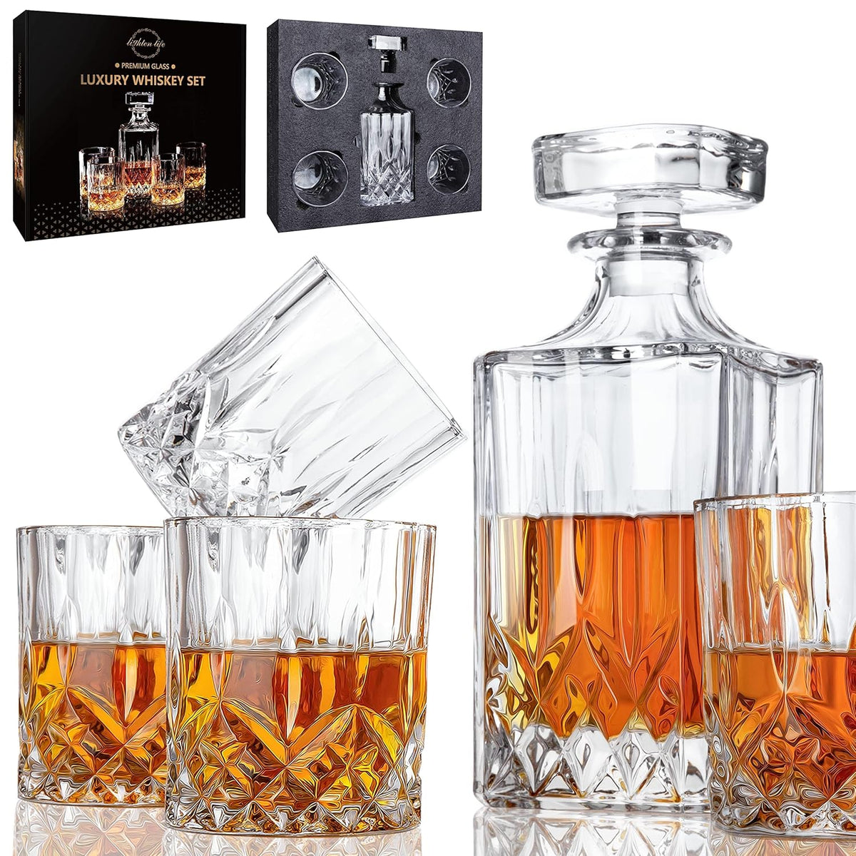 Set decantor whisky 830ml, cu 4 pahare din cristal