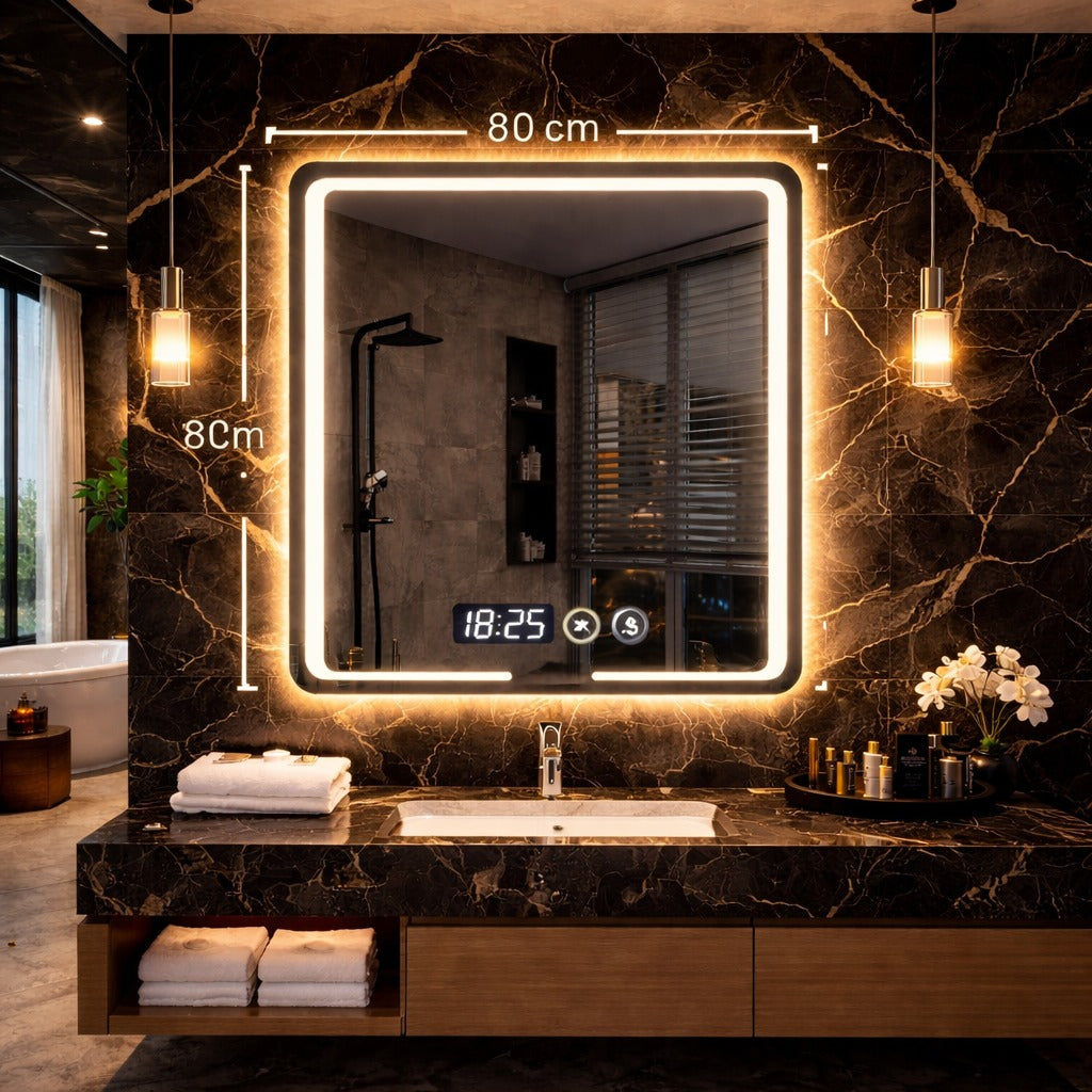 Oglinda led premium 80x60, cu touch, ceas, dezaburire si lumina reglabila