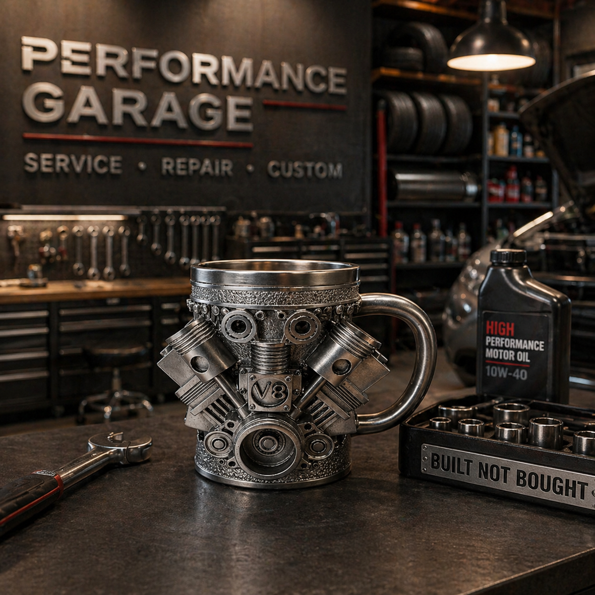 Cana V8 Engine 200 ml din otel inoxidabil cu design motor 3D mecanic