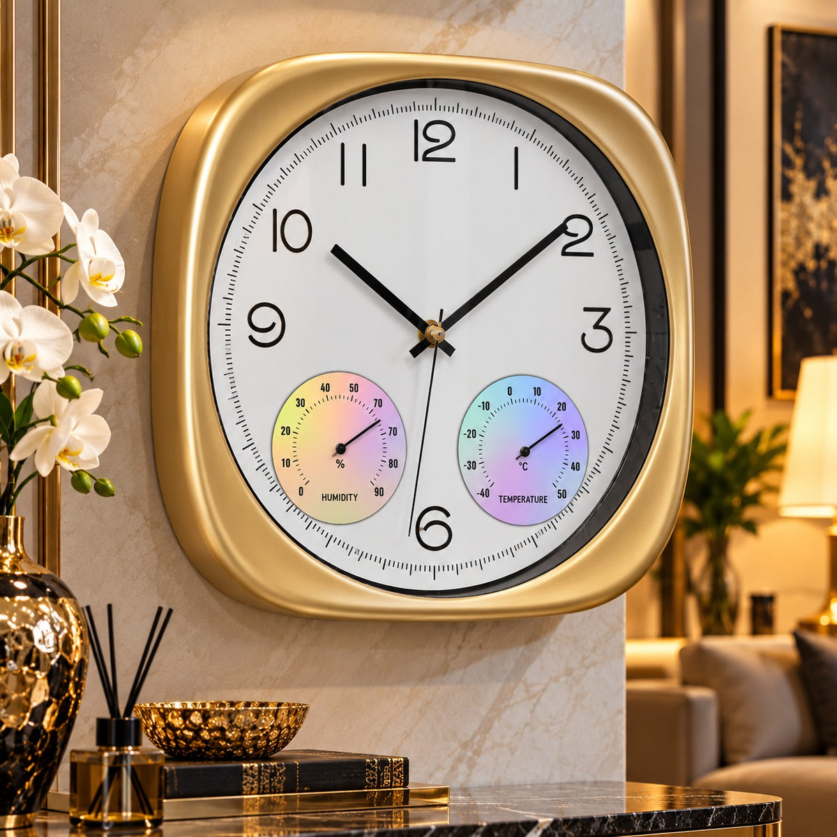 Ceas de Perete Premium cu Termometru și Higrometru, Mecanism Silențios – 30 × 30 cm - detaliu produs