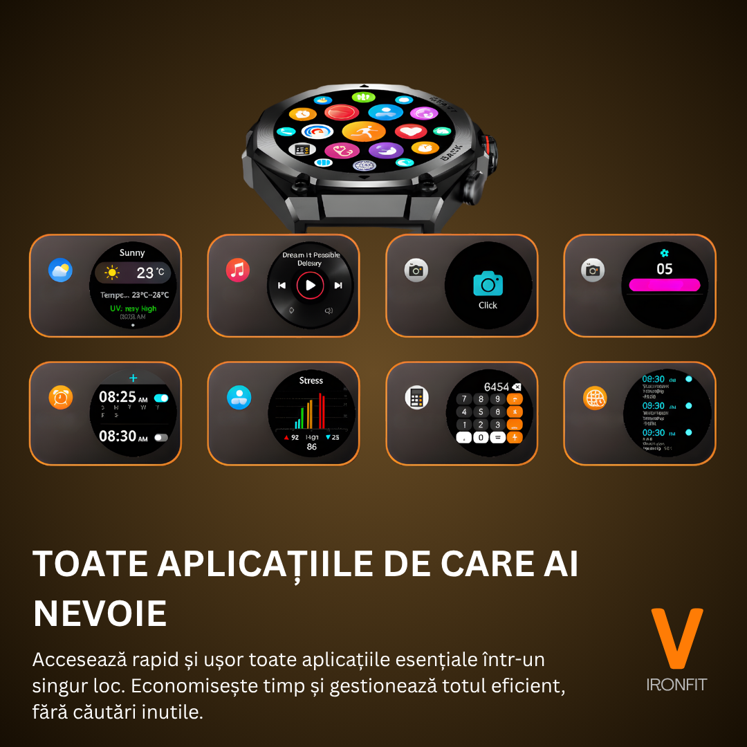 Ceas Smartwatch Barbati IRONFIT, Ecran AMOLED 1.43", Fitness, Sport, Apel Bluetooth, Notificari Limba Romana, Microfon HD, Rezistent Apa 5ATM, 2 Curele Incluse, Negru