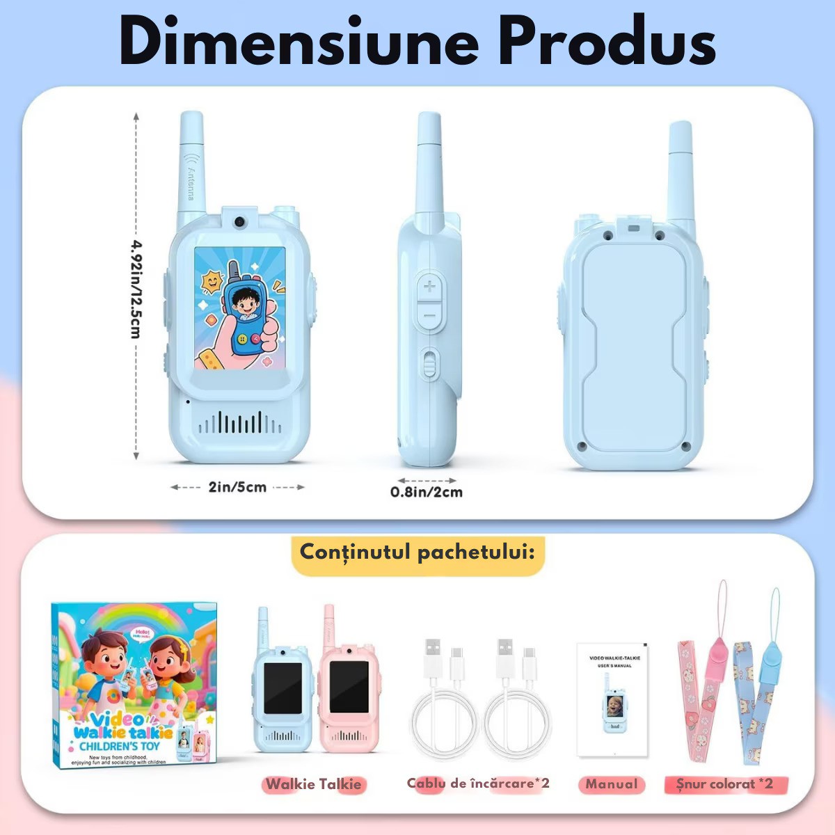Set 2 Walkie Talkie VisionHub cu Video 480P HD Ecran 2.0 Inch Raza 300m Roz Albastru - detaliu produs