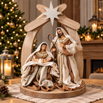 Statuetă Nașterea Domnului Premium din Rășină, 26 × 14 × 36 cm, Sfânta Familie cu Pruncul Iisus, Design Crem-Bej