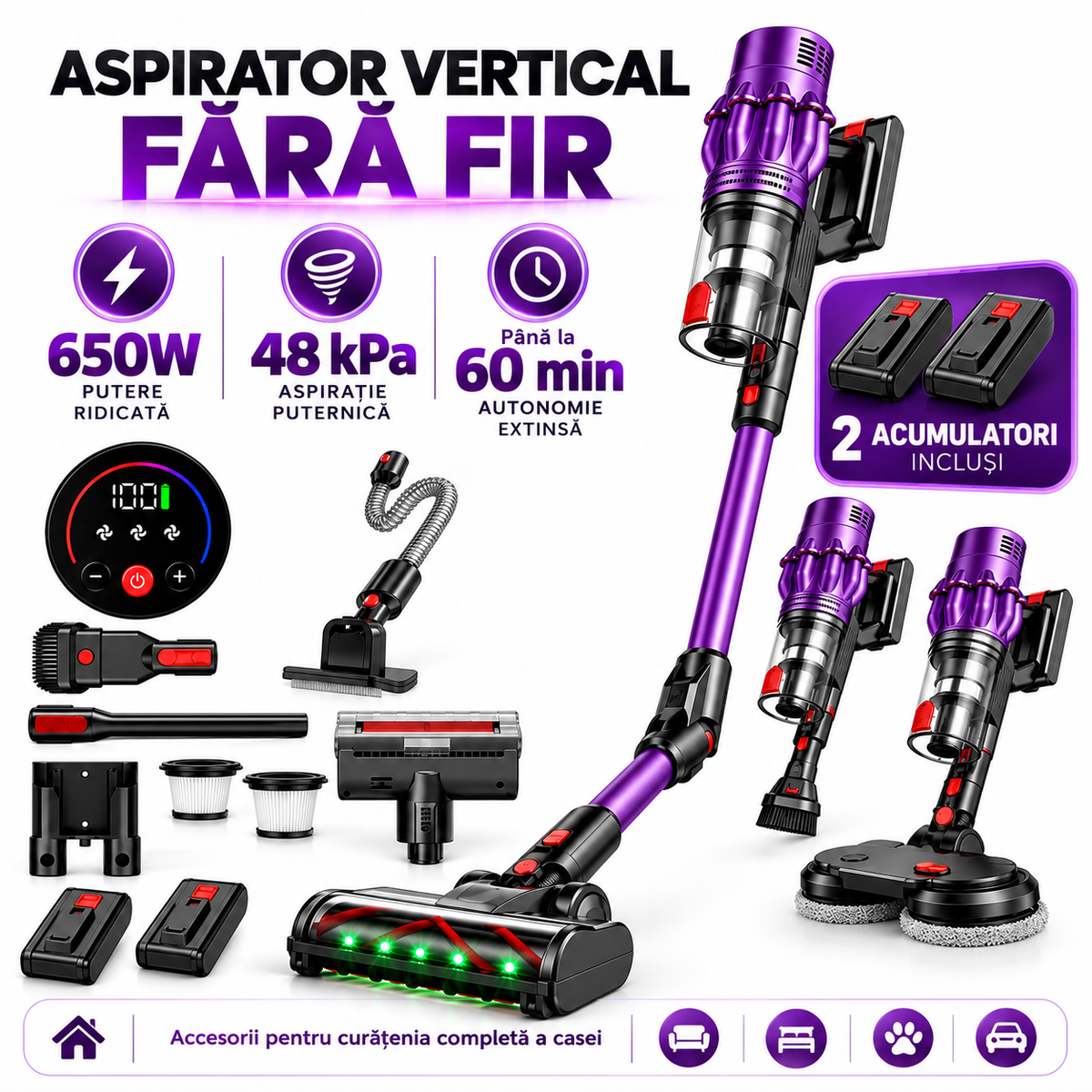 Aspirator vertical fara fir 650W, 48 kPa, autonomie 60 minute, cu 2 acumulatori, culoare Mov