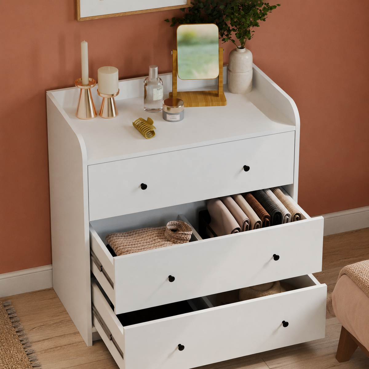 Comoda dormitor din PAL 90x50,1x90 cm, cu 3 sertare si 6 compartimente