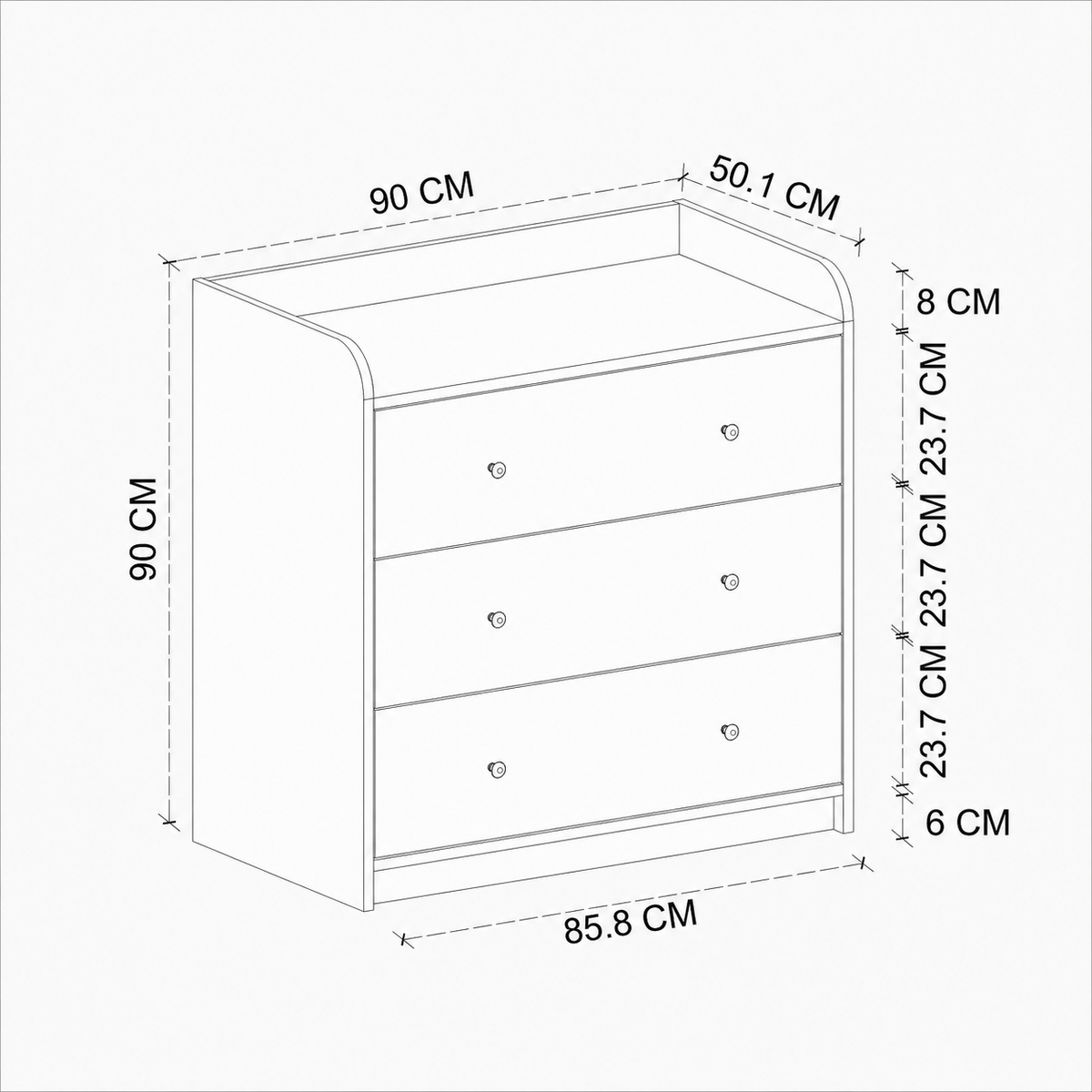 Comoda dormitor din PAL 90x50,1x90 cm, cu 3 sertare si 6 compartimente