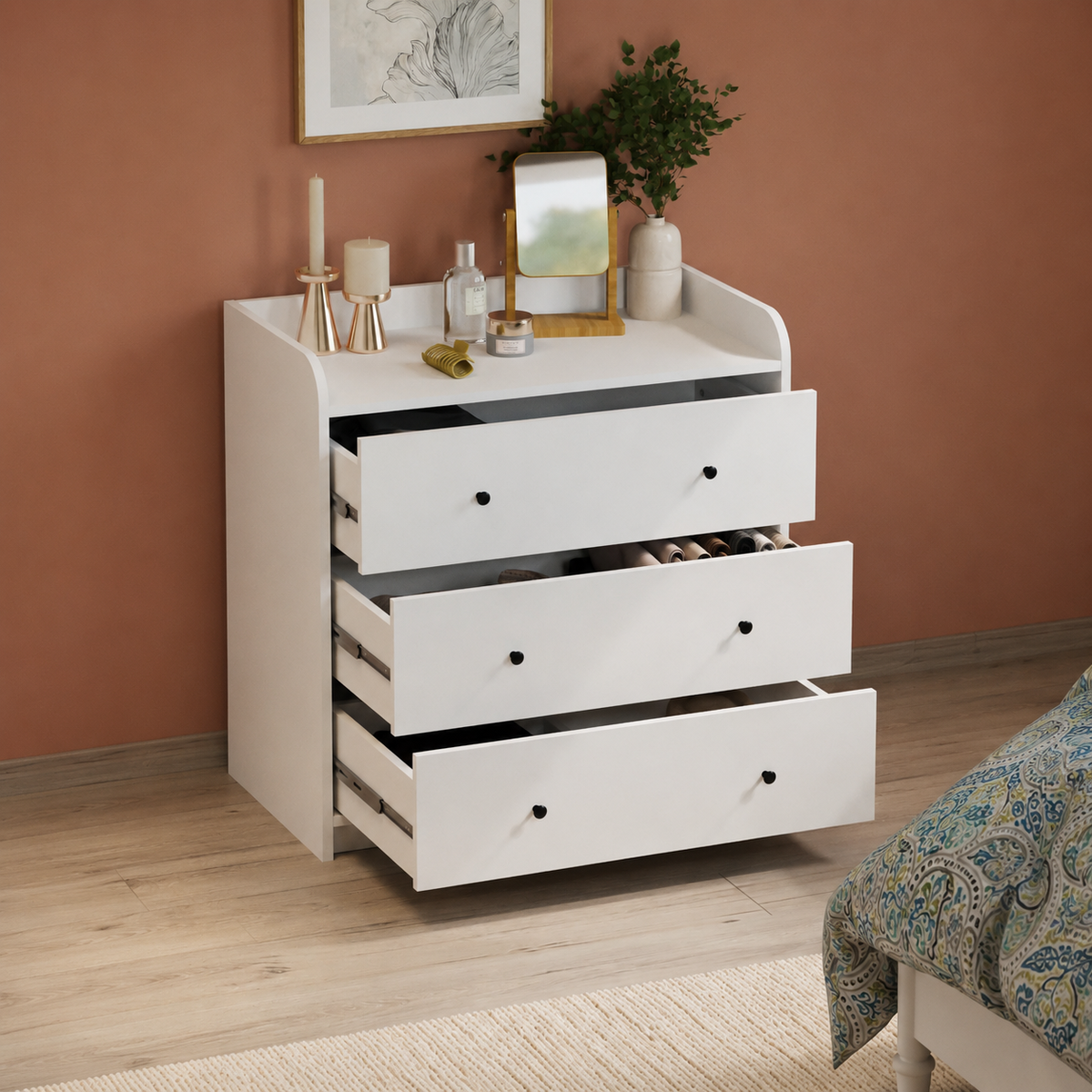 Comoda dormitor din PAL 90x50,1x90 cm, cu 3 sertare si 6 compartimente