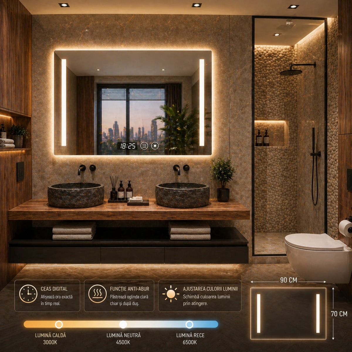 Oglinda LED 90x70 cm cu iluminare reglabila, antiaburire si ceas digital – design modern premium