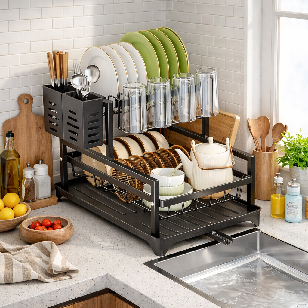 Scurgator vase cu suport scurgere automata, cu suport de tacamuri si pahare, 30 x 42 x 31.5 cm, Negru