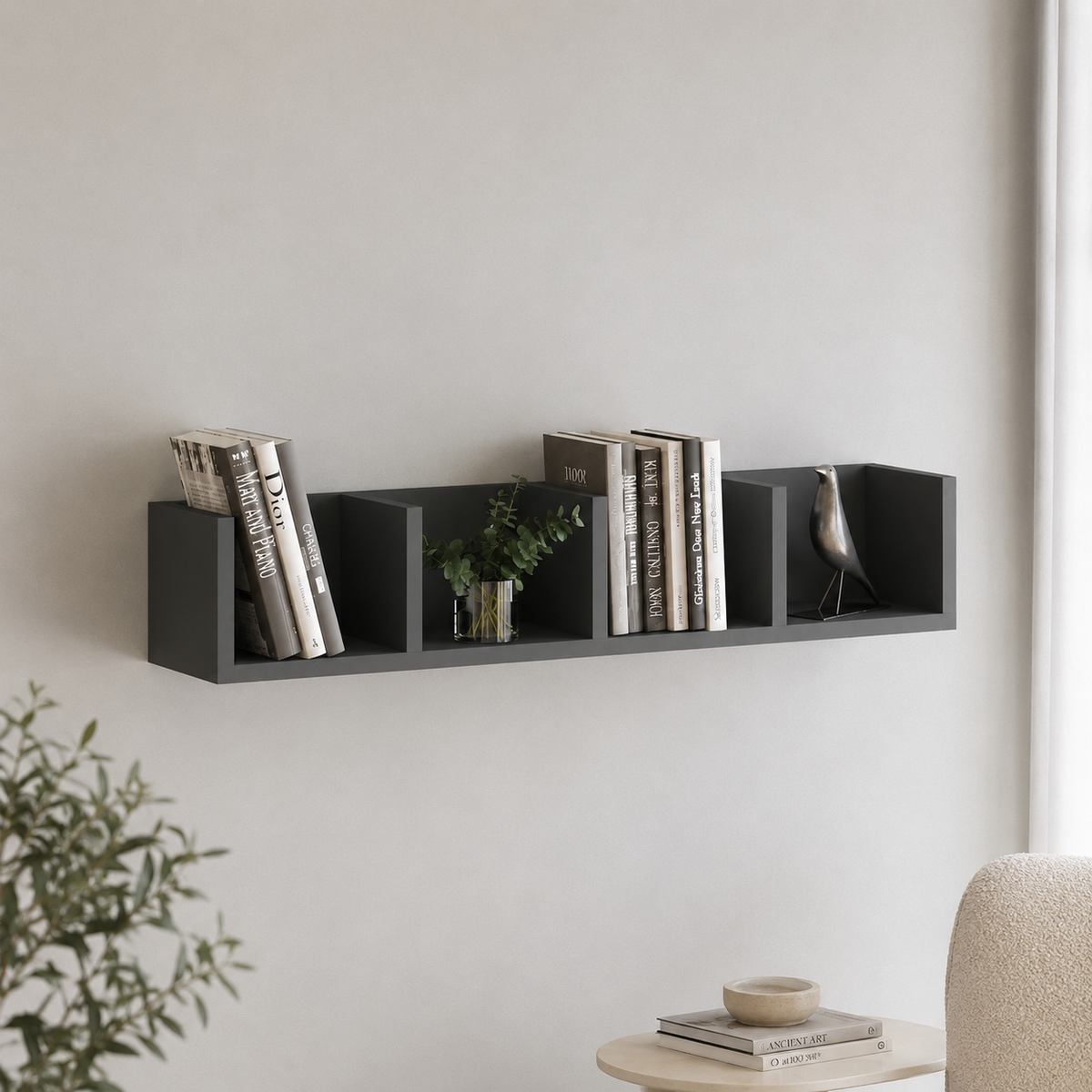 Raft suspendat din PAL 90,5x17,8x17 cm, cu 4 compartimente, pentru carti si decoratiuni