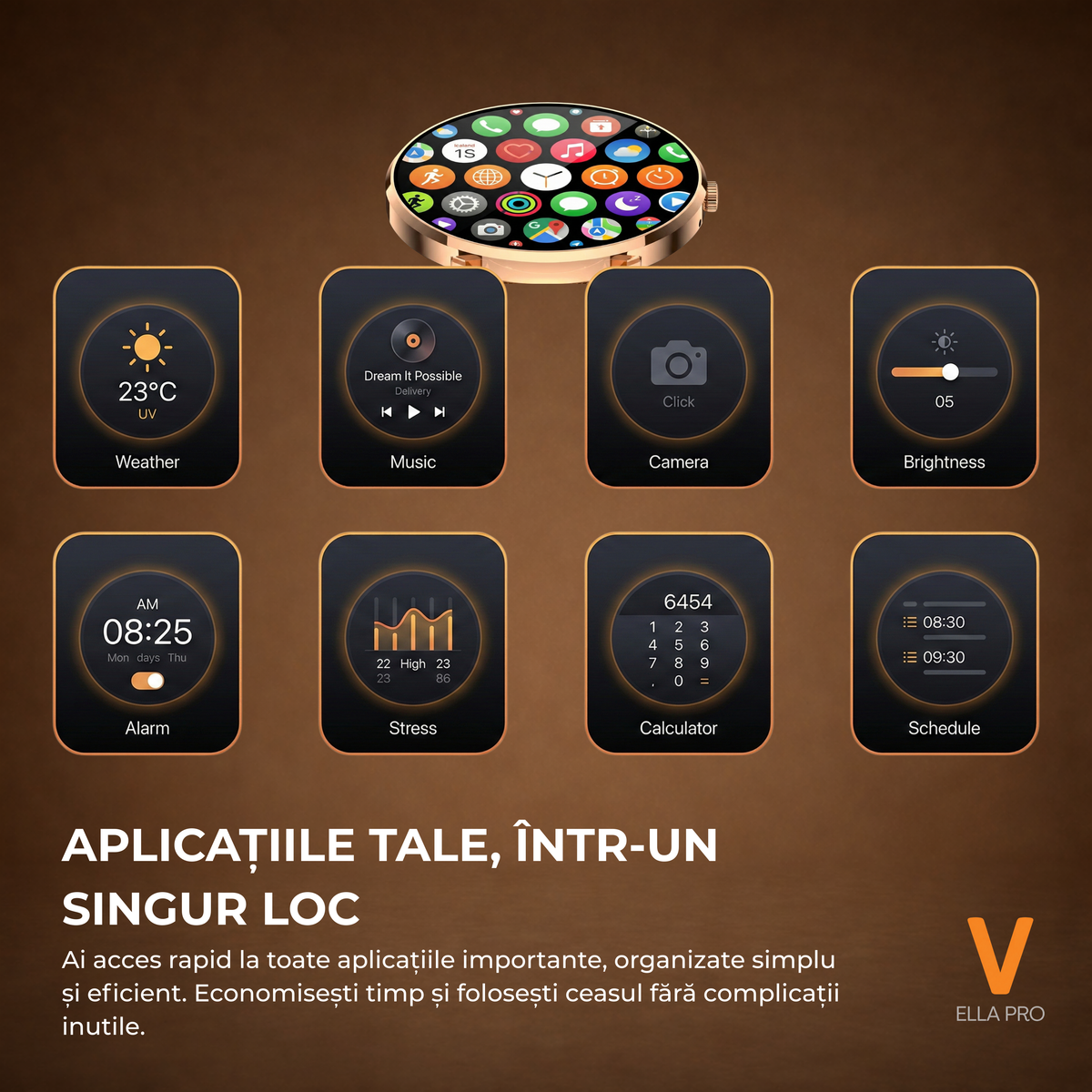 Ceas Smartwatch Dama ELLA PRO Vivendo®, Ecran AMOLED 1.32", Fitness, Apel Bluetooth, Notificari Limba Romana, ChatGPT AI, Incarcare Wireless, Rezistent Apa IP68, 2 Curele Incluse