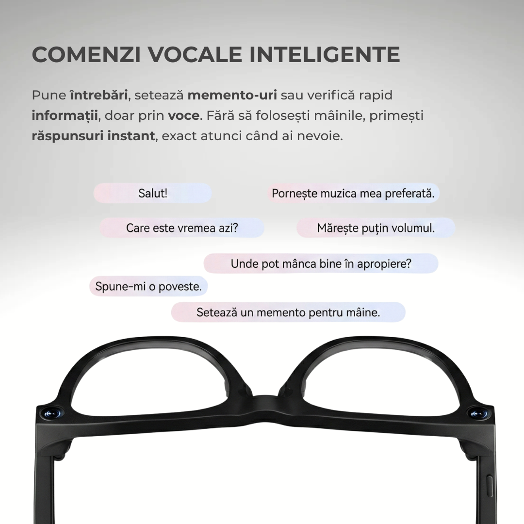 Ochelari Smart VIVENDO SMART GLASSES, Camera 1080P Full HD, AI Integrat, Apeluri Bluetooth, Control Tactil, Streaming Muzica, Wi-Fi 2.4G, Microfoane Duale, Negru