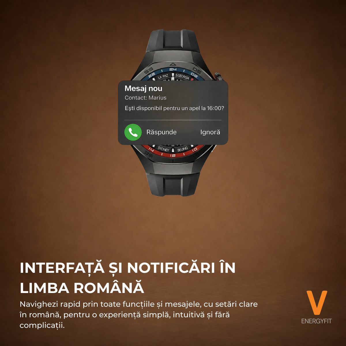 RESIGILAT - Ceas Smartwatch ENERGYFIT, Ecran AMOLED 1.43", Apel Bluetooth, ChatGPT AI, Notificari Romana, Fitness, Sport, Rezistent Apa 5ATM, Incarcare Wireless, 2 Curele, Negru