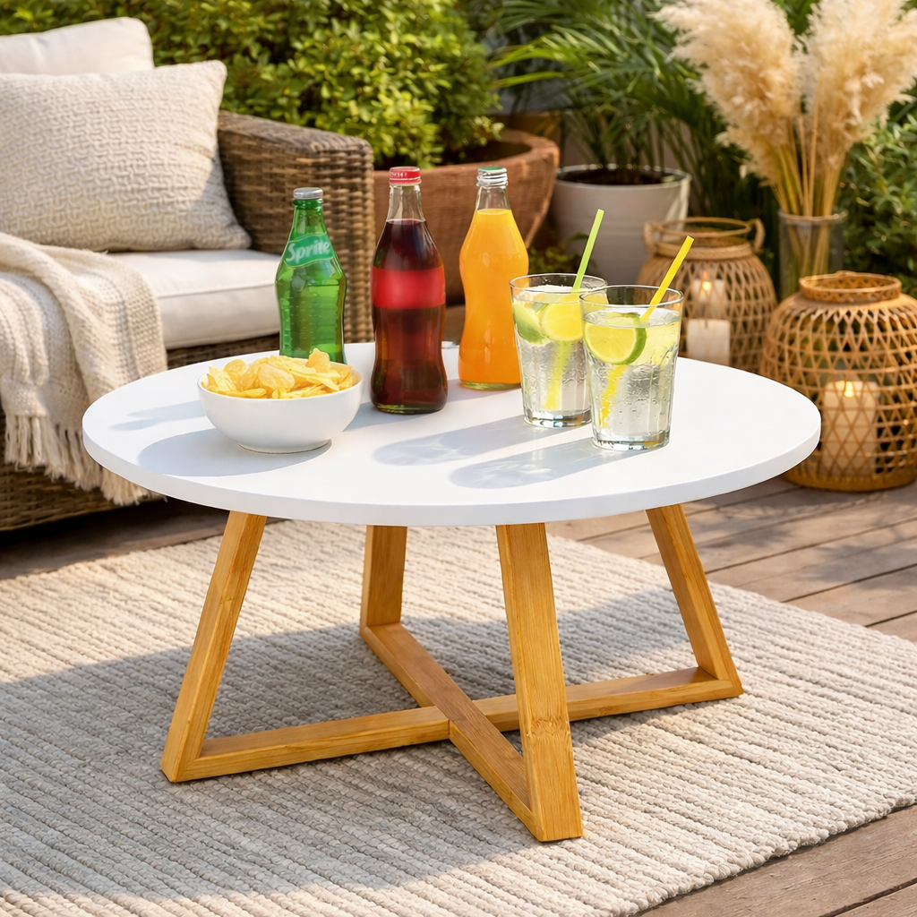 Masa de cafea rotunda 60 cm blat MDF picioare bambus design modern