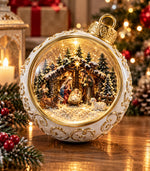 Decorațiune de Crăciun Premium tip Glob cu Nașterea Domnului, Muzică, Rotire 360°, Iluminare și Efect Strălucitor – 15,5 × 14,5 × 16,7 cm