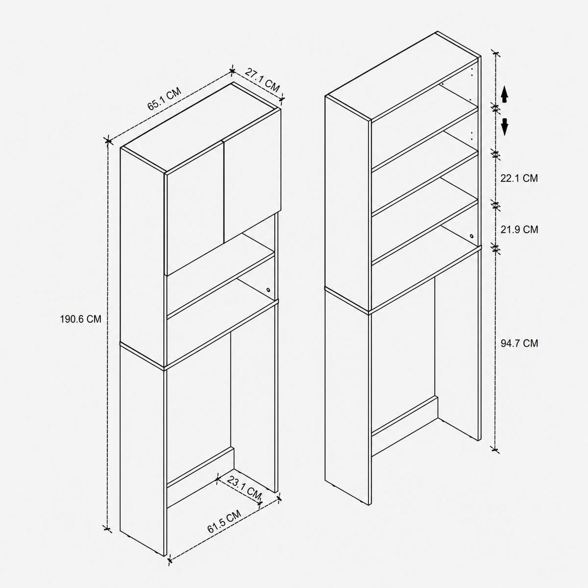 Dulap pentru masina de spalat din PAL 65,1x27,1x190,6 cm, cu 2 usi si 4 compartimente, pentru baie