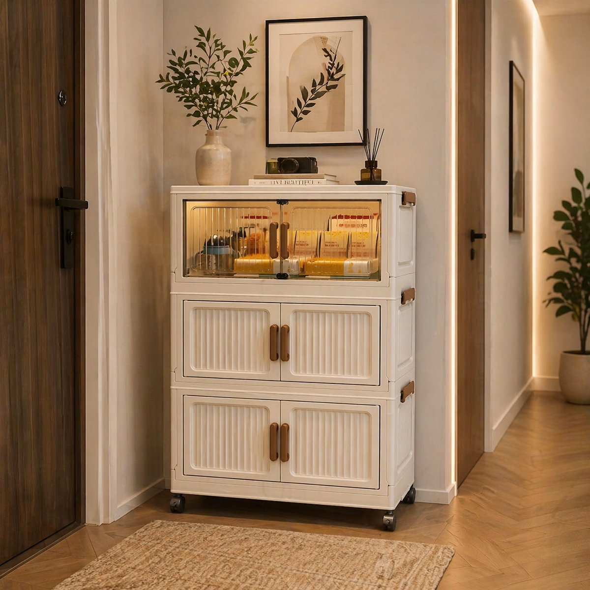 Dulap depozitare pliabil cu usi si roti, organizator multifunctional cu 3, 4 sau 5 rafturi, crem 45 cm