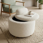 Taburet Rotund cu Depozitare Boucle Alb-Crem diamentru 60cm Perna Decorativa