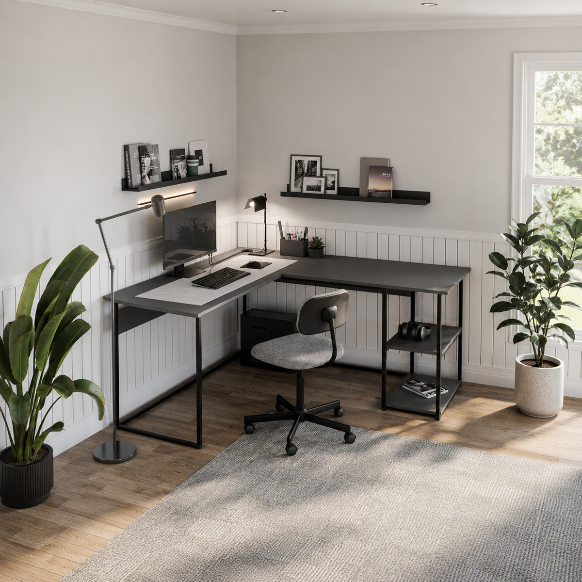 Birou de colt in forma L 140x147,8x73,8 cm, cu rafturi integrate si cadru metalic, pentru home office sau birou