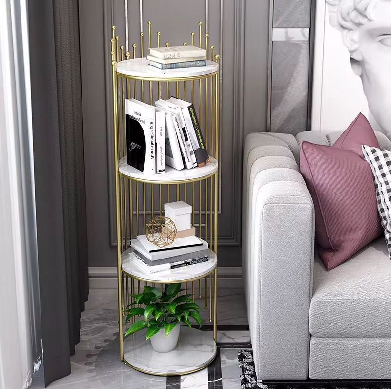 Etajera decorativa rotunda cu 4 niveluri, cadru auriu si polite albe, 32 x 32 x 95 cm - detaliu produs