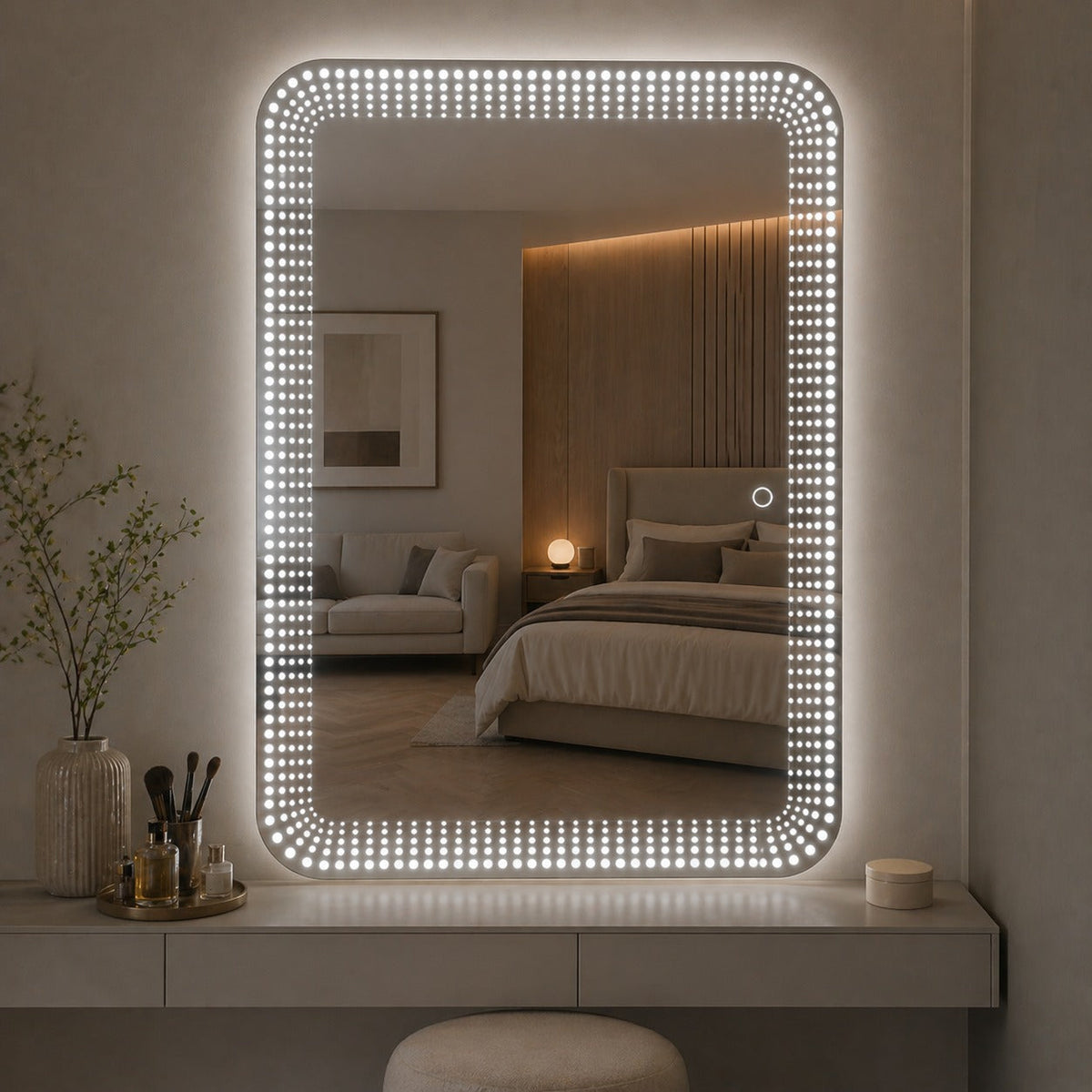 Oglinda LED Touch 90x70 cm iluminare 3 culori design modern rama aluminiu