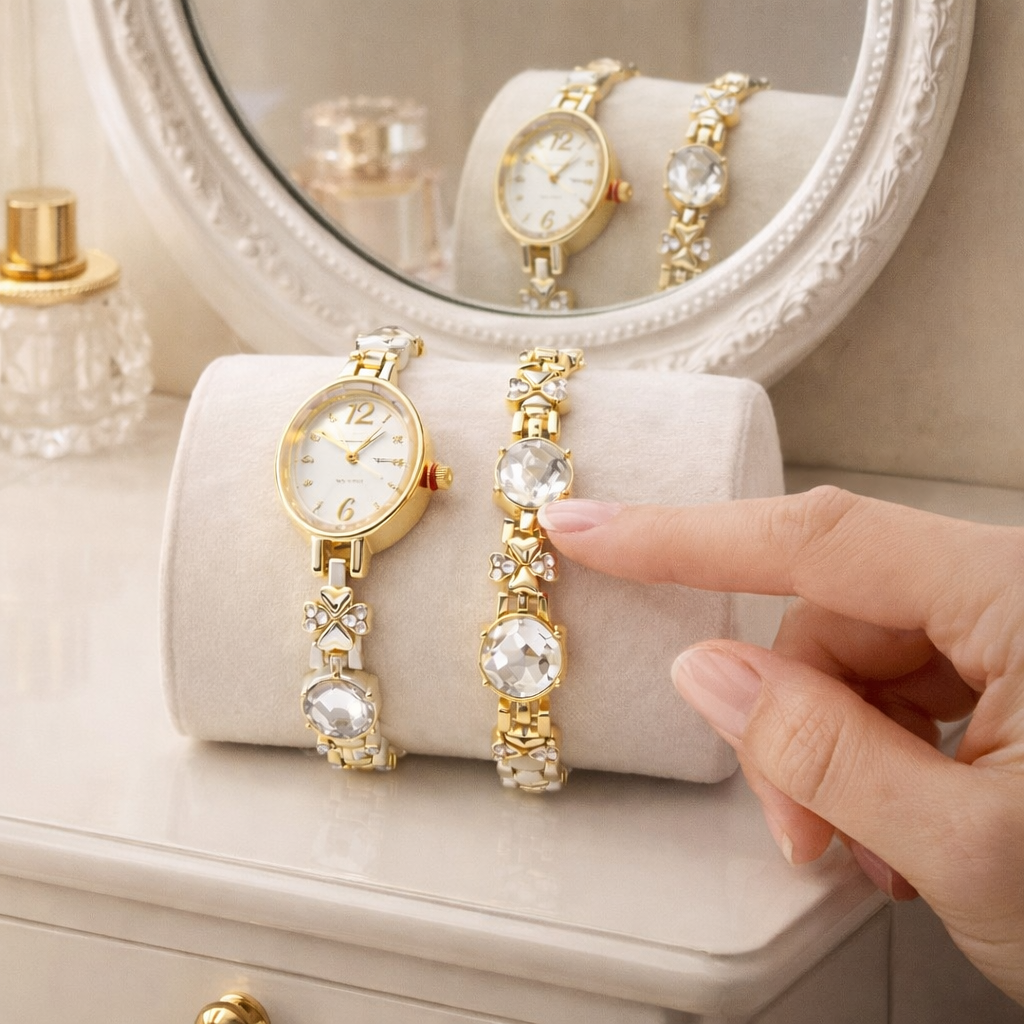 Set Ceas si Bratara pentru Dama, Finisaj Auriu cu Pietre Decorative, Elegant si Rafinat