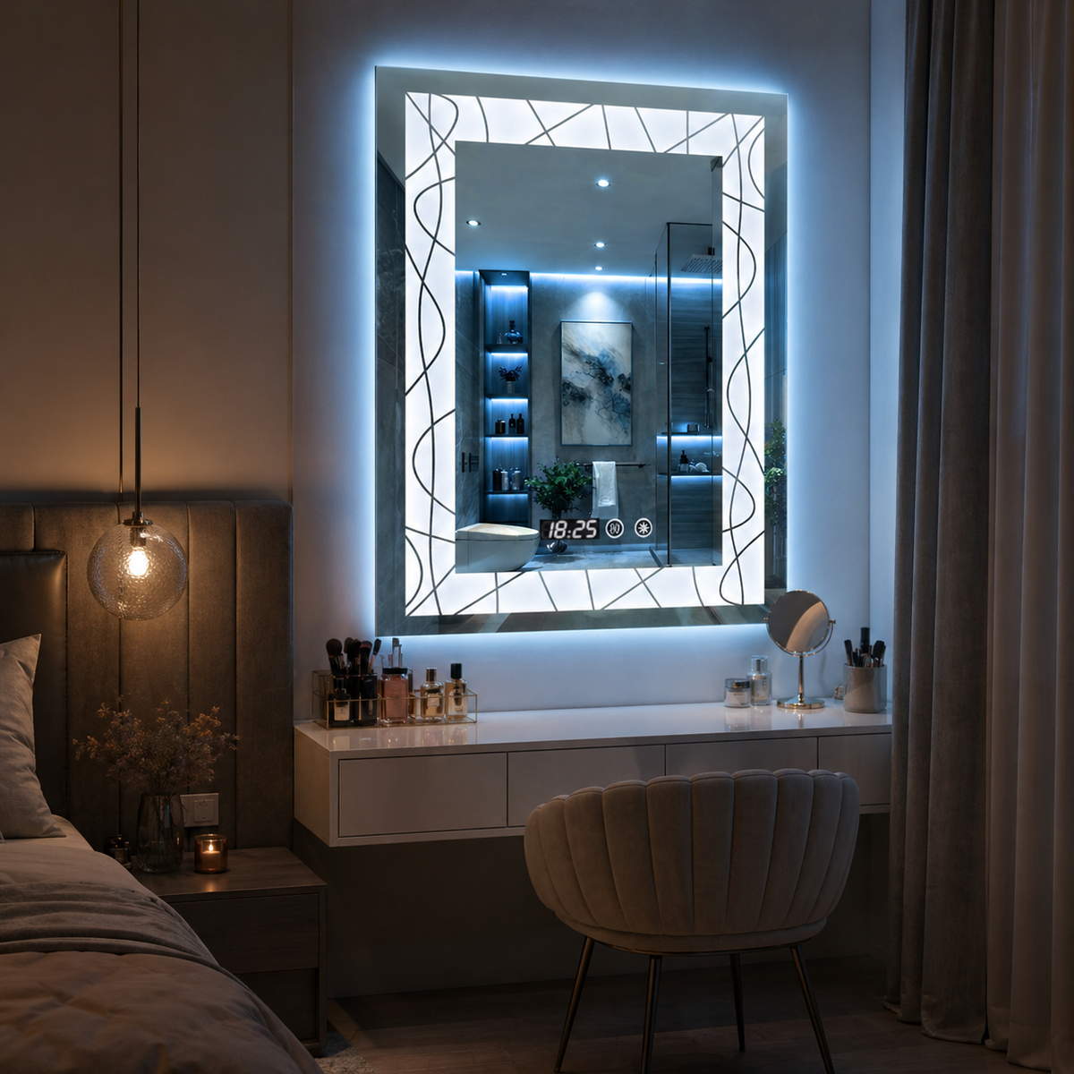 Oglinda LED 70X90 cm cu margini decorative, iluminare ambientala, touch si ceas digital