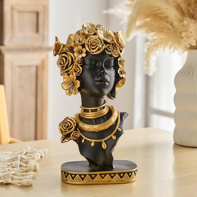 Statueta Africana Bust Negru Auriu Decorativ Raze Flori Trandafiri Luxury 35cm - detaliu produs