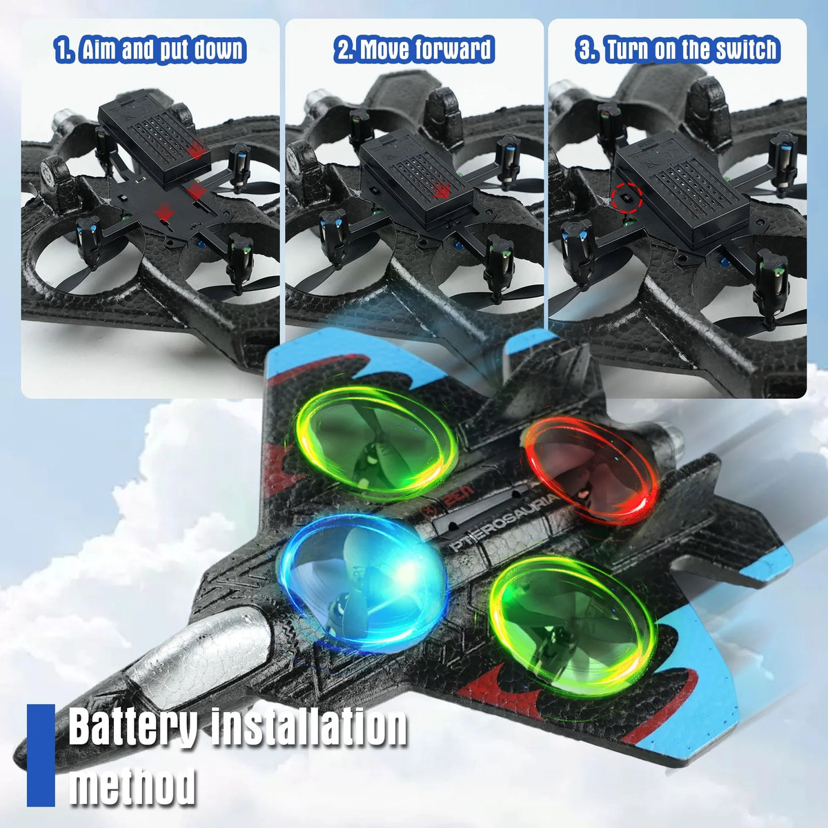 Avion cu telecomanda, acrobatii 360, lumini LED, albastru, 4.6 x 19.5 x 25.5 cm,