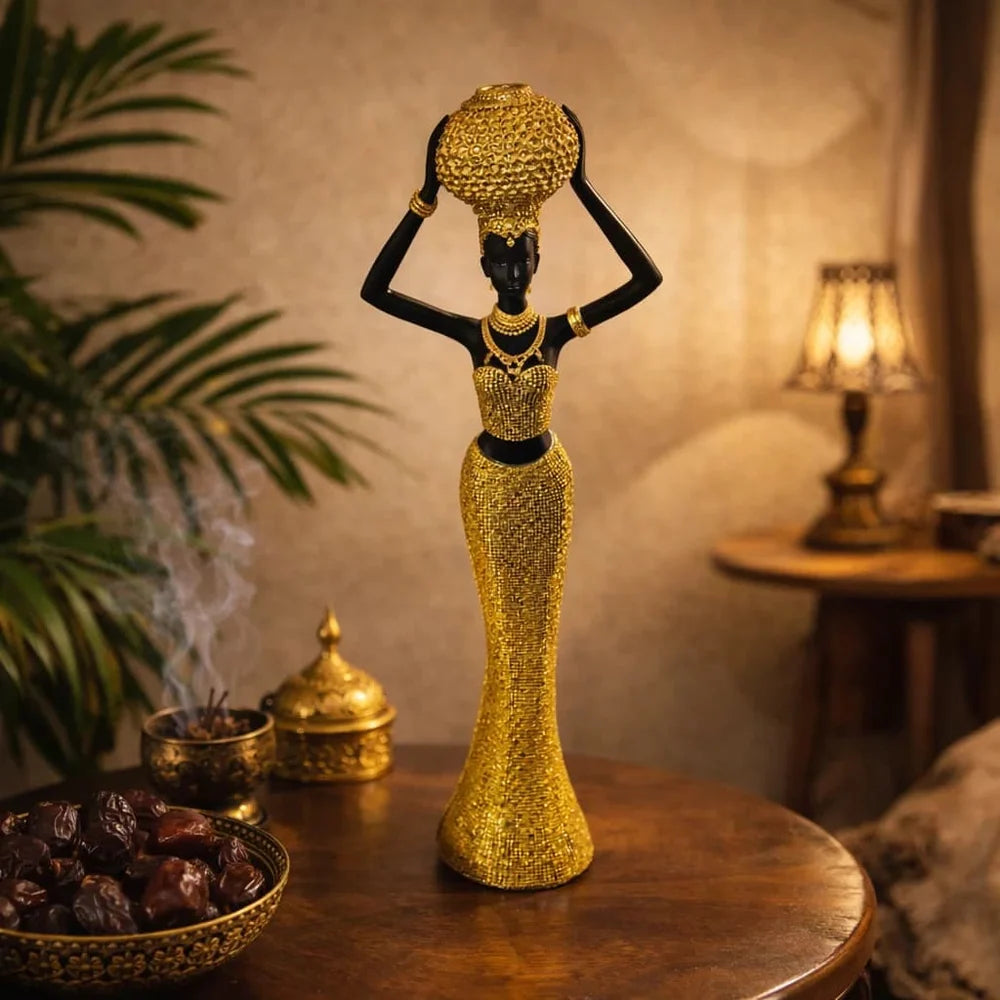 Statueta decorativa femeie africana cu vas, design elegant, rasina, stil etnic modern, decor interior premium, 28x10 cm