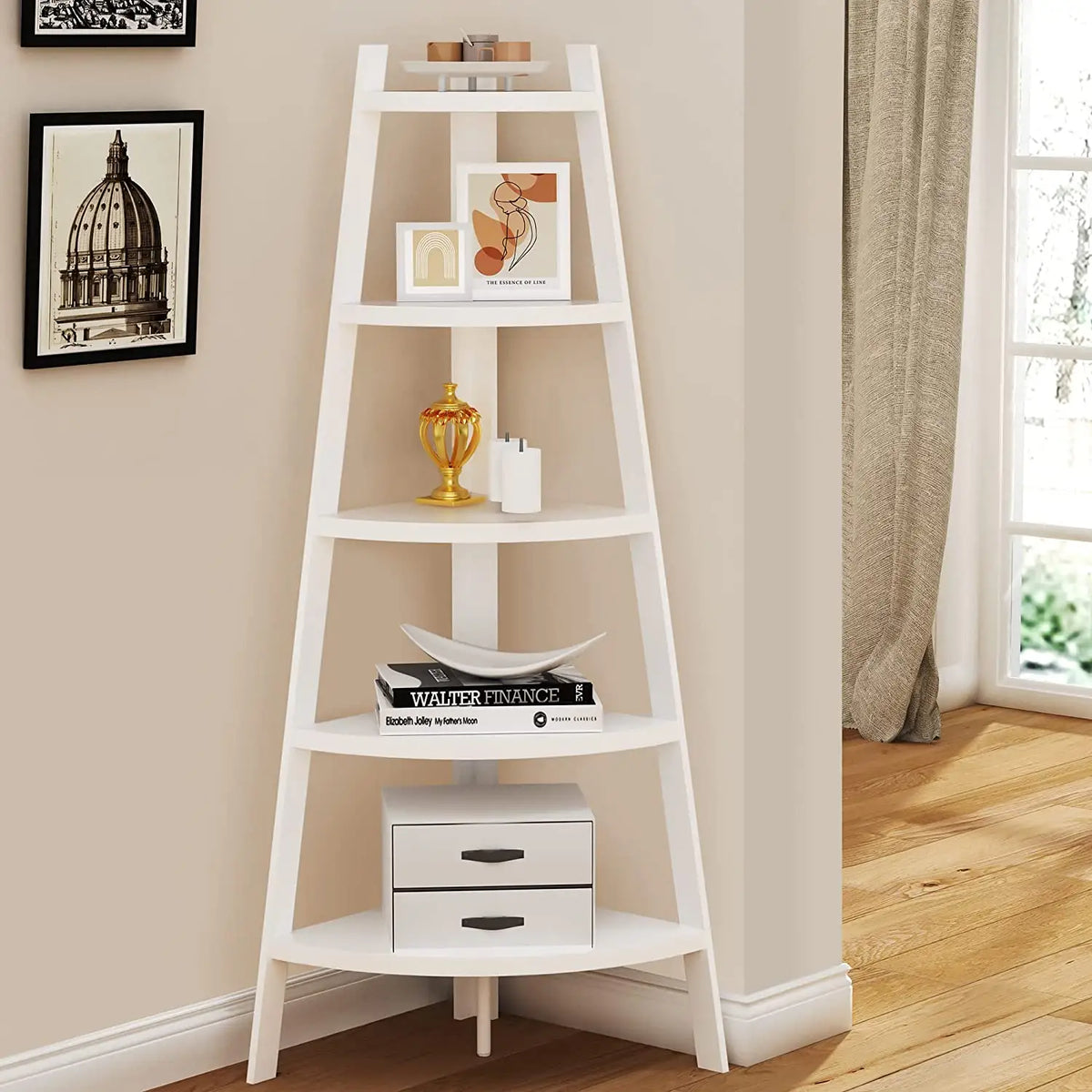 Raft biblioteca de colt din lemn cu 5 polite, alb, 52 x 34 x 110cm