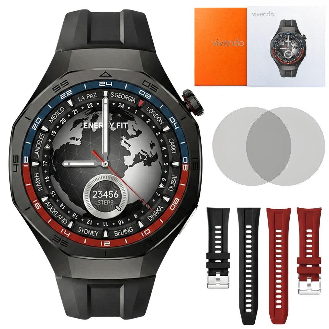RESIGILAT - Ceas Smartwatch ENERGYFIT, Ecran AMOLED 1.43", Apel Bluetooth, ChatGPT AI, Notificari Romana, Fitness, Sport, Rezistent Apa 5ATM, Incarcare Wireless, 2 Curele, Negru