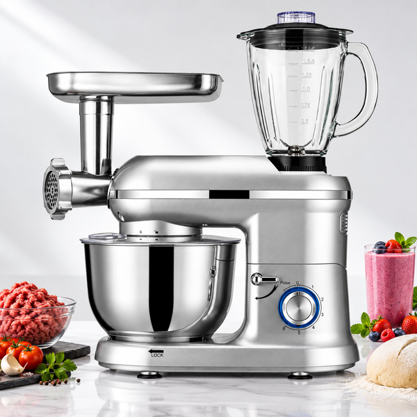 Robot de bucatarie 1400W cu bol inox 5.5L – mixer, tocator si blender multifunctional, argintiu