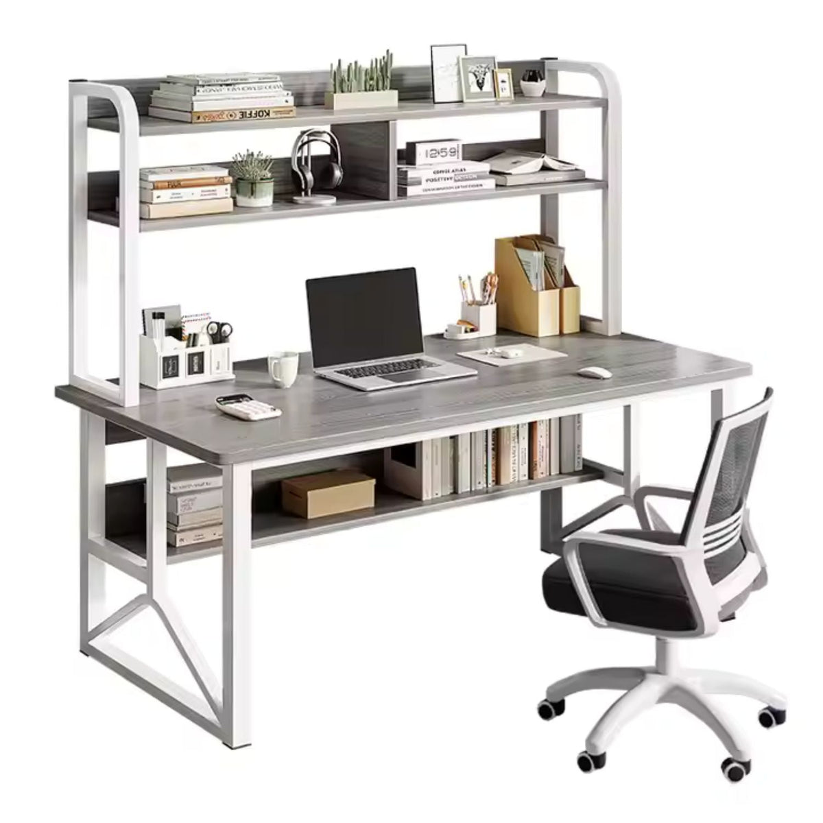 RESIGILAT - Birou cu rafturi integrate pentru laptop sau calculator – 2 polițe de depozitare, cadru metalic – stejar/gri, 140x60 cm