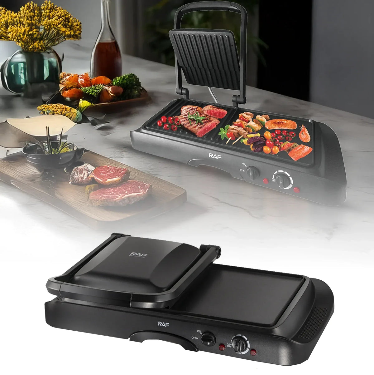 Grill și plită electrică 2 în 1 RAF  R.2695 – Putere 1600W, suprafata antiaderenta, temperatura reglabila, culoare negru