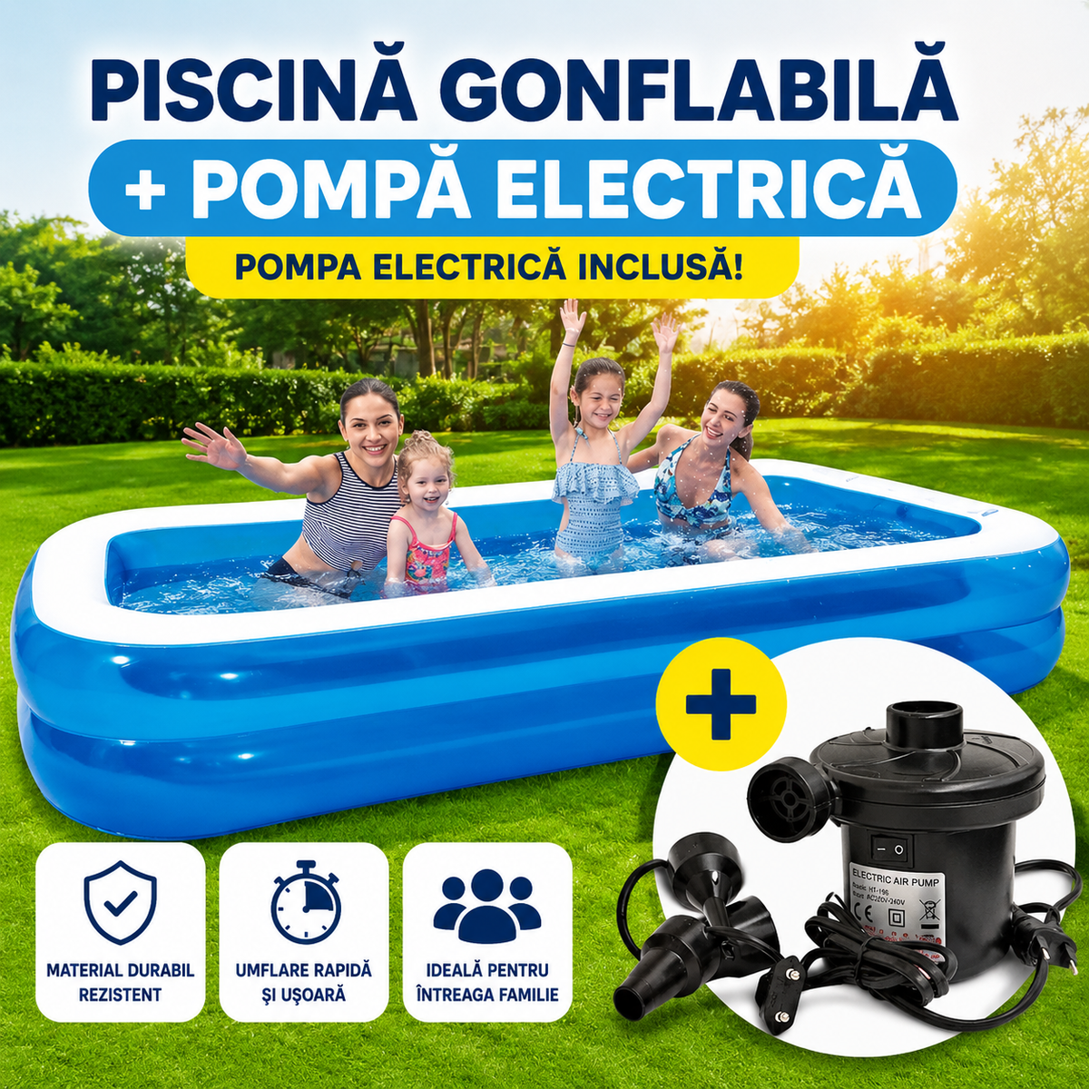 Set Piscina Exterioara Gonflabila + Pompa Electrica 220V pentru Umflare si Dezumflare