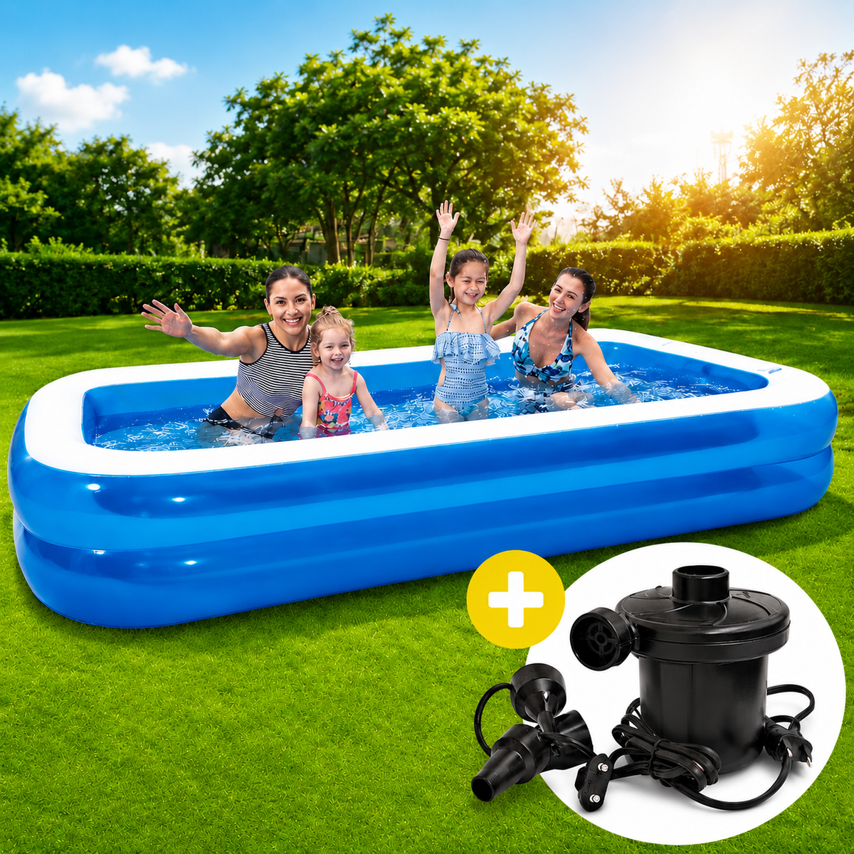 Set Piscina Exterioara Gonflabila + Pompa Electrica 220V pentru Umflare si Dezumflare
