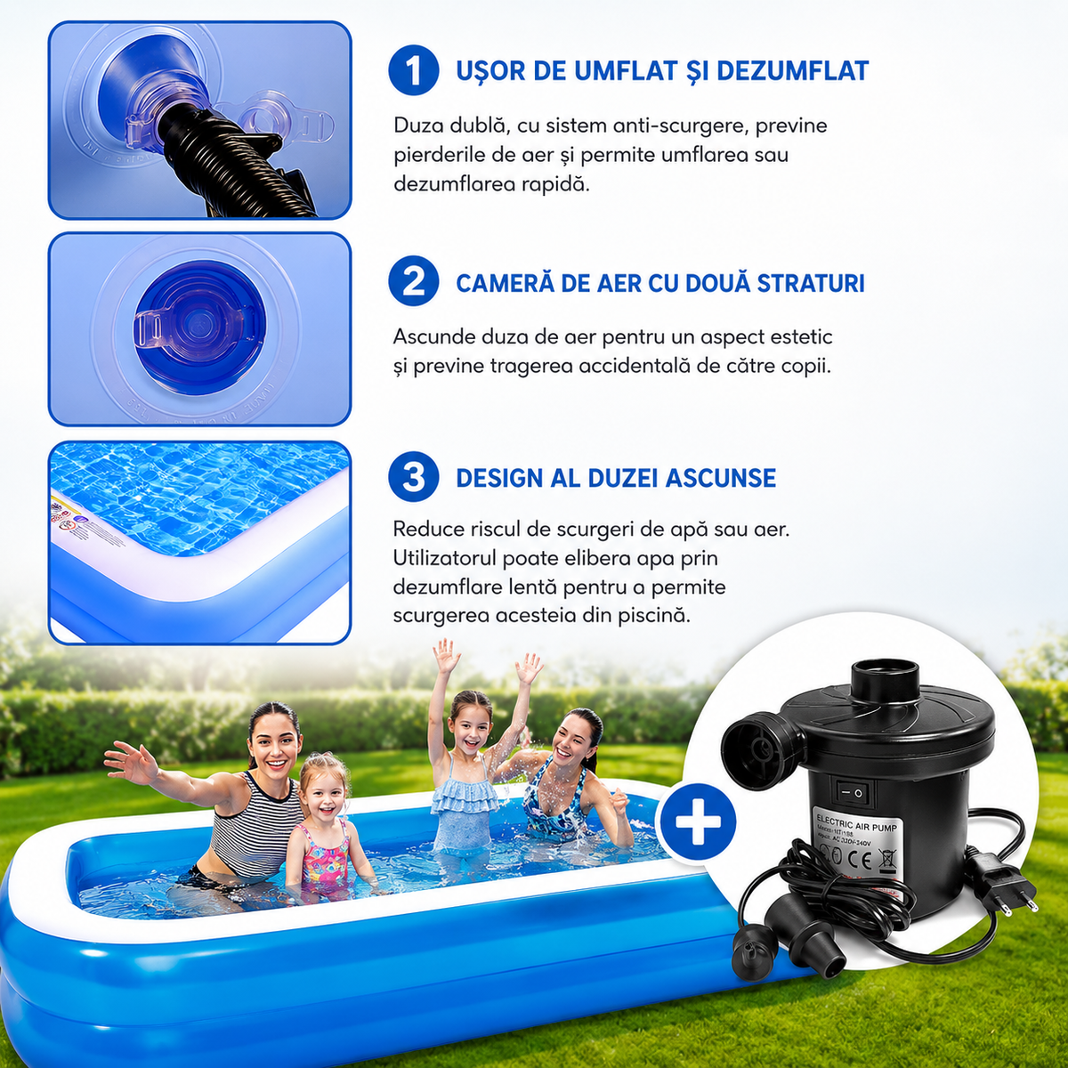 Set Piscina Exterioara Gonflabila + Pompa Electrica 220V pentru Umflare si Dezumflare