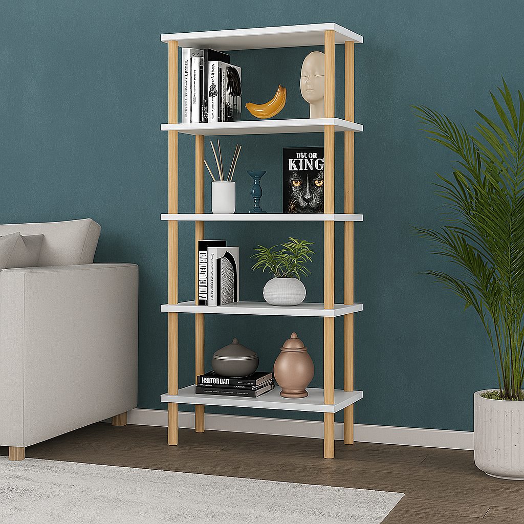 Raft decorativ cu 5 polite  din bambus, design modern, 29x60x137 cm