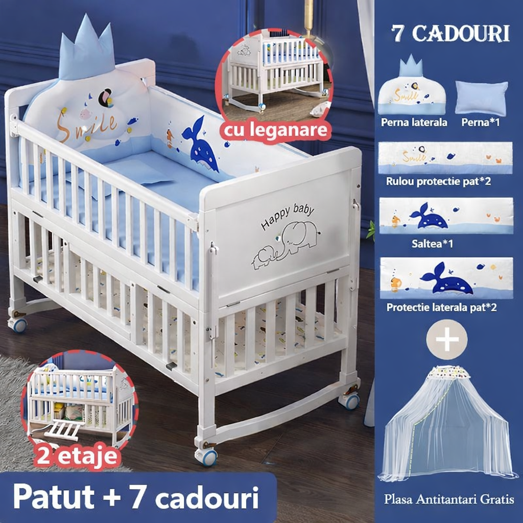 Pătuț bebe din lemn alb cu plasă de țânțari, saltea, pilotă și covoraș-pat nou-născuți multifuncțional, 118x68cm